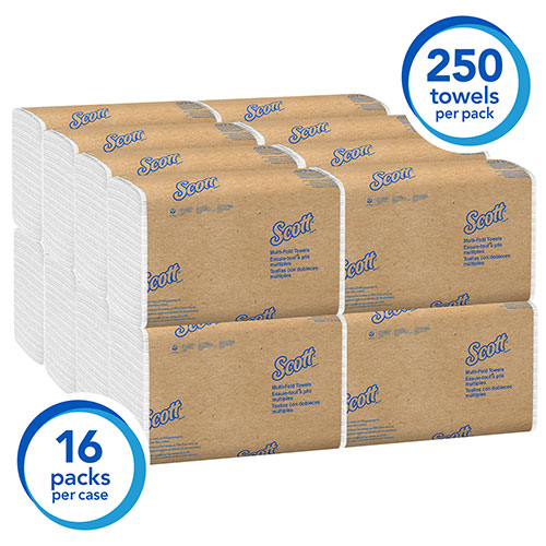 Scott® Essential Multifold Paper Towels (01840) with Fast-Drying Absorbency Pockets, White, 16 Packs / Case, 250 Sheets / Pack, 4,000 Towels / Case