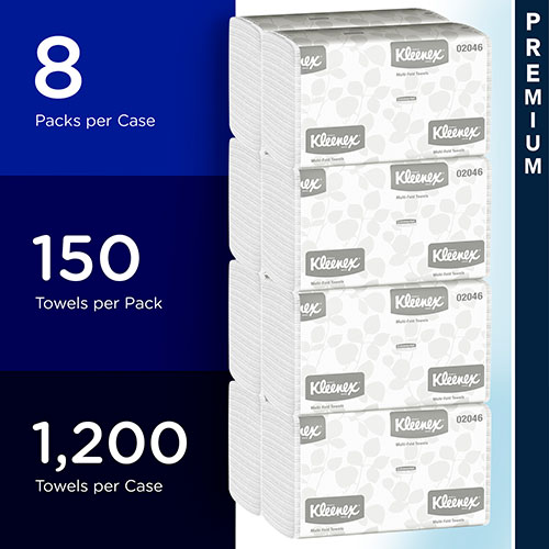 Kleenex Multifold Paper Towels (02046), Absorbent, White, 8 Packs / Convenience Case, 150 Multifold Paper Towels / Pack, 1,200 Towels / Case