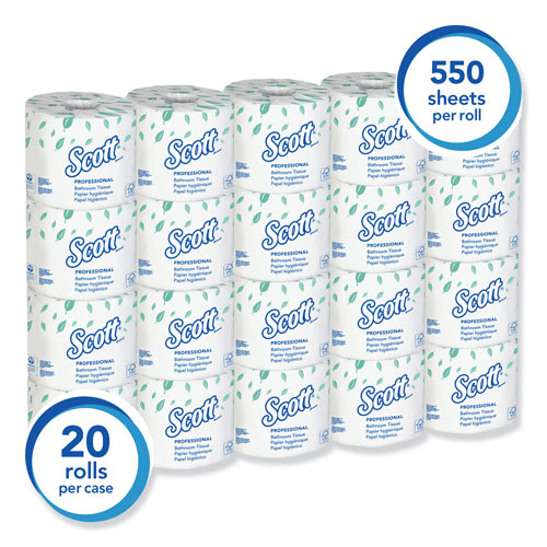 Scott® Essential Standard Roll Bathroom Tissue, Traditional, Septic Safe, 2 Ply, White, 550 Sheets/Roll, 20 Rolls/Carton