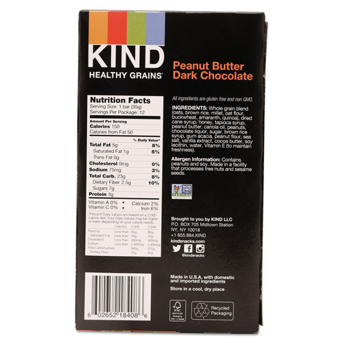 Kind Healthy Grains Bar, Peanut Butter Dark Chocolate, 1.2 oz, 12/Box