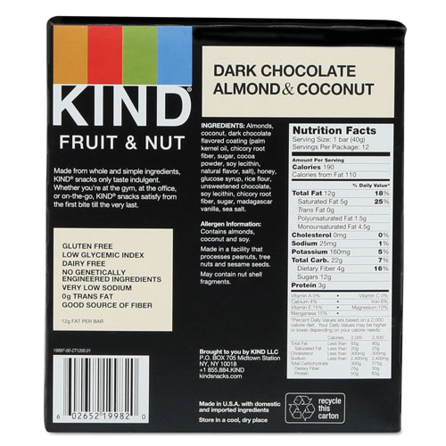 Kind Fruit and Nut Bars, Dark Chocolate Almond and Coconut, 1.4 oz Bar, 12/Box