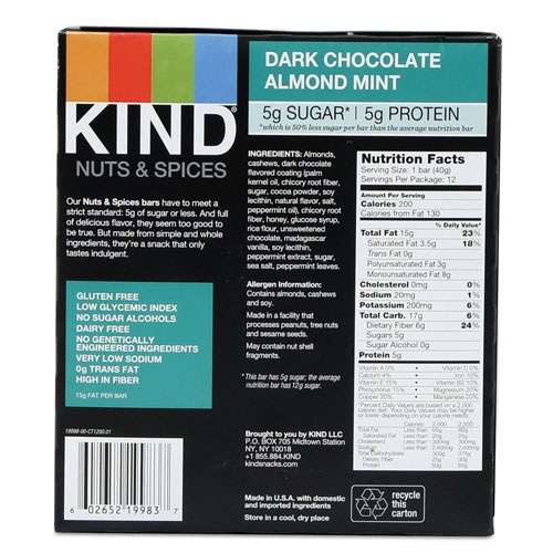 Kind Nuts and Spices Bar, Dark Chocolate Almond Mint, 1.4 oz Bar, 12/Box