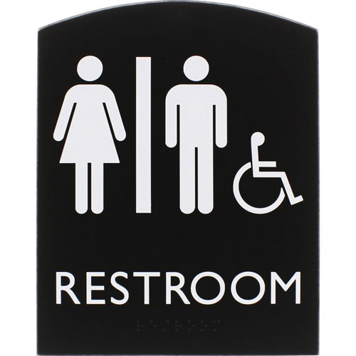 Lorell Restroom Sign, 1 Each, 6.8" Width x 8.5" Height, Rectangular Shape, Easy Readability, Braille, Plastic, Black