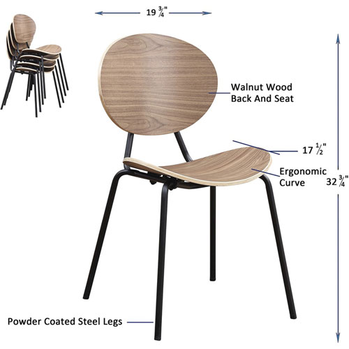 Lorell Bentwood Cafe Chairs, Plywood Seat, Plywood Back, Metal, Powder Coated Steel Frame, Walnut, 2 / Carton