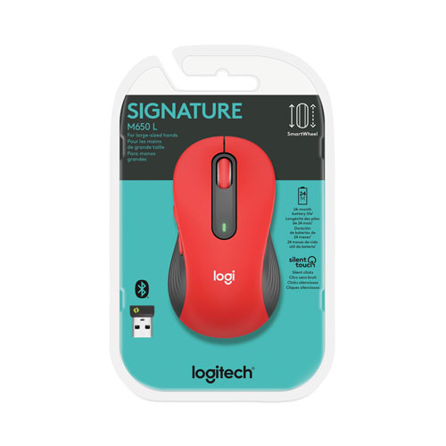 Logitech Signature M650 Wireless Mouse, 2.4 GHz Frequency, 33 ft Wireless Range, Large, Right Hand Use, Red