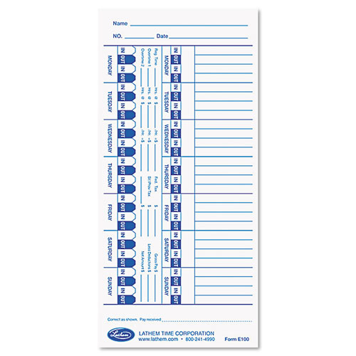 Lathem Time Time Card for Lathem Models 900E/1000E/1500E/5000E, White, 100/Pack