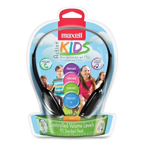 Maxell Kids Safe Headphones with Inline Microphone, Black with Interchangeable Caps in Pink/Blue/Silver