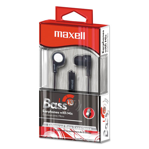 Maxell B-13 Bass Earbuds with Microphone, Black, 52" Cord