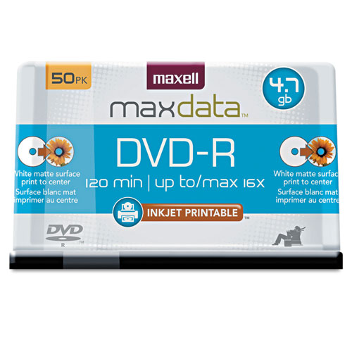 Maxell DVD-R Recordable Discs, Printable, 4.7GB, 16x, Spindle, White, 50/Pack