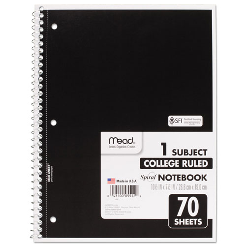 Mead Spiral Notebook, 1 Subject, Medium/College Rule, Assorted Color Covers, 10.5 x 7.5, 70 Sheets