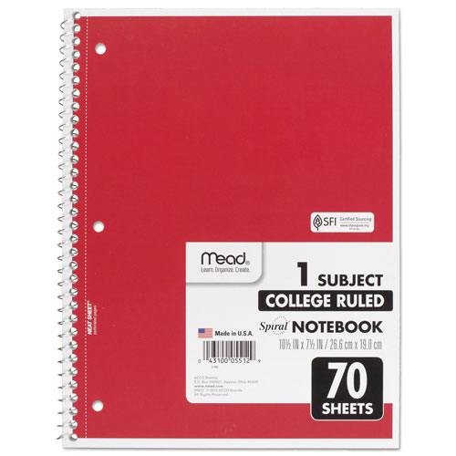 Mead Spiral Notebook, 1 Subject, Medium/College Rule, Assorted Color Covers, 10.5 x 7.5, 70 Sheets