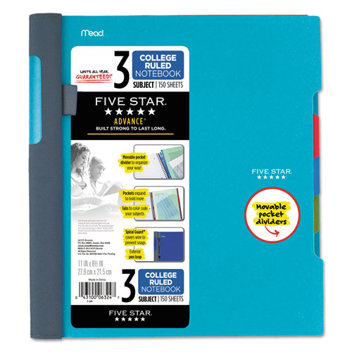 Mead Advance Wirebound Notebook, 3 Subjects, Medium/College Rule, Assorted Color Covers, 11 x 8.5, 150 Sheets