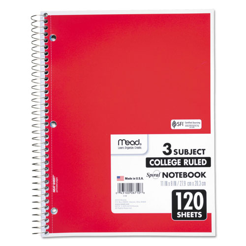 Mead Spiral Notebook, 3 Subjects, Medium/College Rule, Assorted Color Covers, 11 x 8, 120 Sheets