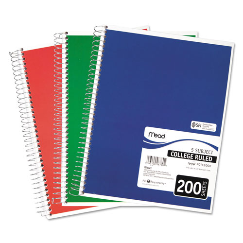 Mead Spiral Notebook, 5 Subjects, Medium/College Rule, Assorted Color Covers, 11 x 8, 200 Sheets