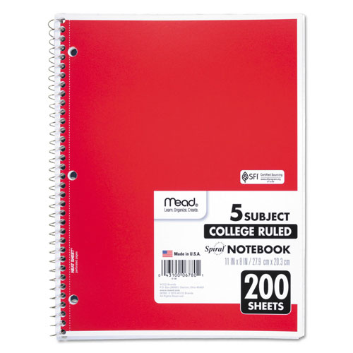 Mead Spiral Notebook, 5 Subjects, Medium/College Rule, Assorted Color Covers, 11 x 8, 200 Sheets