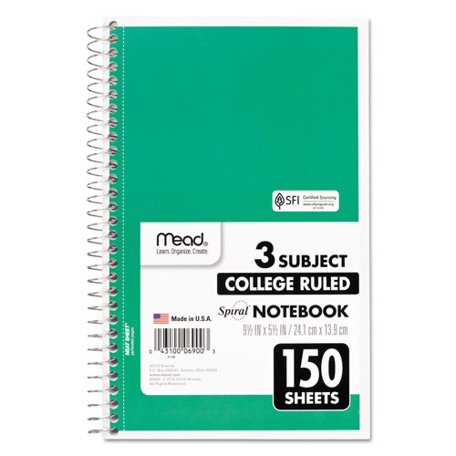 Mead Spiral Notebook, 3 Subjects, Medium/College Rule, Assorted Color Covers, 9.5 x 5.5, 150 Sheets