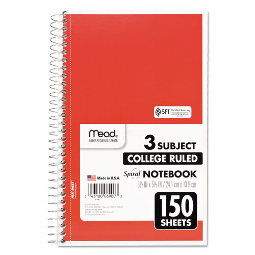 Mead Spiral Notebook, 3 Subjects, Medium/College Rule, Assorted Color Covers, 9.5 x 5.5, 150 Sheets
