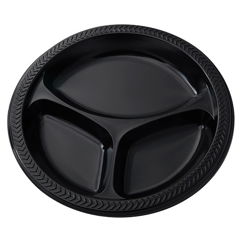 Pactiv 10" 3-Compartment Plastic Plate, Black
