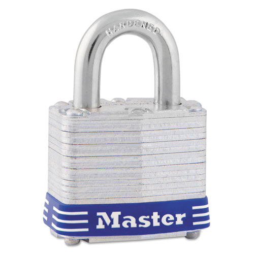 Master Lock Company Four-Pin Tumbler Lock, Laminated Steel Body, 1 9/16" Wide, Silver/Blue, Two Keys