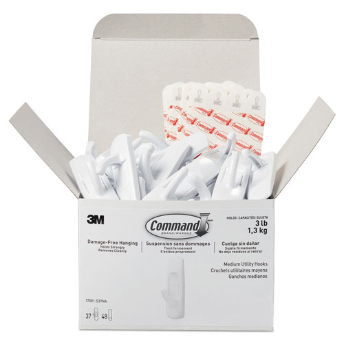 Command® General Purpose Hooks, Plastic, White, 3 lb Cap, 37 Hooks and 48 Strips/Pack
