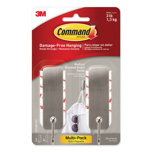 Command® Decorative Hooks, Medium, Brushed Nickel, 2 Hook and 4 Strips/Pack