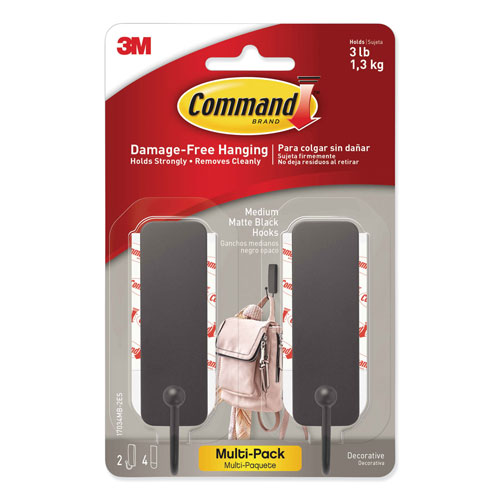 Command® Decorative Hooks, Medium, Matte Black, 2 Hook and 4 Strips/Pack