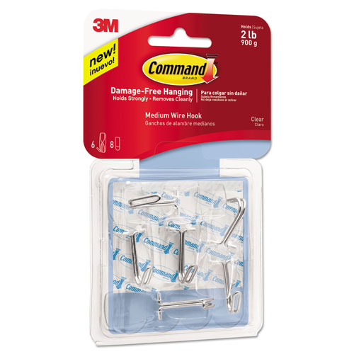 Command® Clear Hooks and Strips, Plastic, Medium, 6 Hooks and 8 Strips/Pack