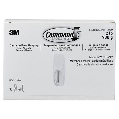 Command® General Purpose Hooks, Metal, White, 2 lb Cap, 35 Hooks and 40 Strips/Pack