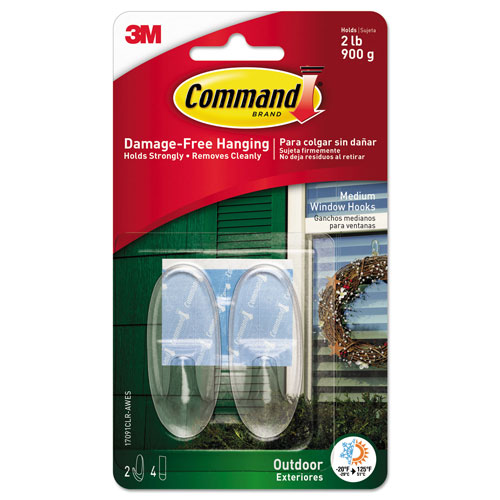 Command® All Weather Hooks and Strips, Plastic, Medium, 2 Hooks and 4 Strips/Pack