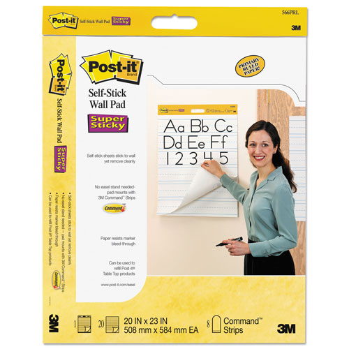 Post-it® Self-Stick Wall Pad, Manuscript Format (Primary 3" Rule), 20 White 20 x 23 Sheets, 2/Pack