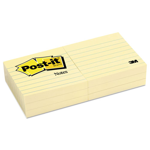 Post-it® Original Pads in Canary Yellow, Note Ruled, 3" x 3", 100 Sheets/Pad, 6 Pads/Pack