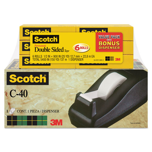 Scotch Double-Sided Tape, 3 Core, 0.5 x 36 yds, Clear (MMM665121296)