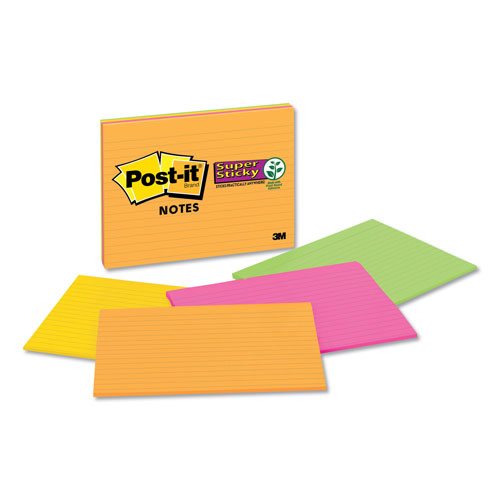 Post-it® Meeting Notes in Energy Boost Collection Colors, Note Ruled, 8" x 6", 45 Sheets/Pad, 4 Pads/Pack