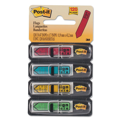 Post-it® Arrow Message 1/2" Page Flags w/Dispensers, "Sign Here", Asst Primary, 120/Pack