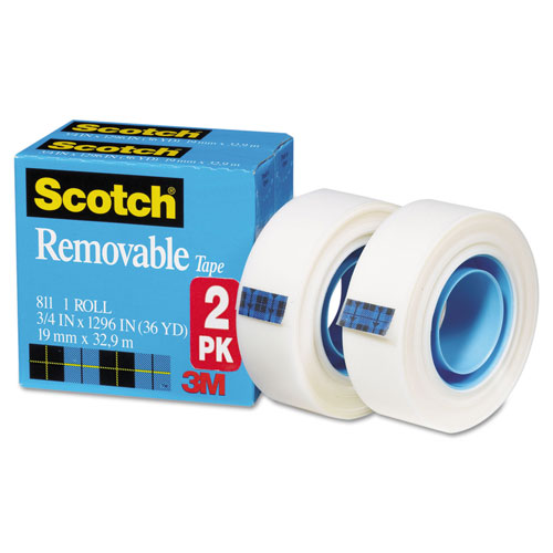 3M Scotch™ Removable Tape, 1 Core, 0.75 x 36 yds, Transparent, 2/Pack, MMM8112PK