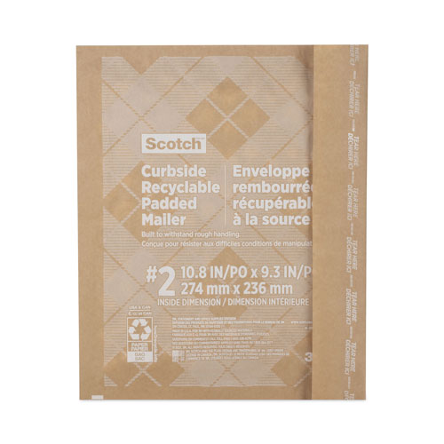 Scotch™ Curbside Recyclable Padded Mailer, #2, Self-Adhesive Closure, Interior Dimensions: 10.8” x 9.3”, Natural Kraft, 100/Carton