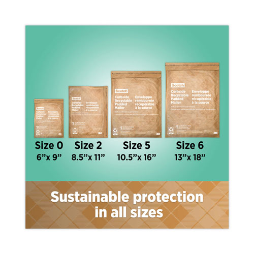Scotch™ Curbside Recyclable Padded Mailer, #2, Self-Adhesive Closure, Interior Dimensions: 10.8” x 9.3”, Natural Kraft, 100/Carton