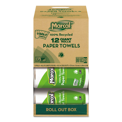Marcal 100% Recycled Roll Towels, 2-Ply, 5 1/2 x 11, 140 Sheets, 12 Rolls/Carton
