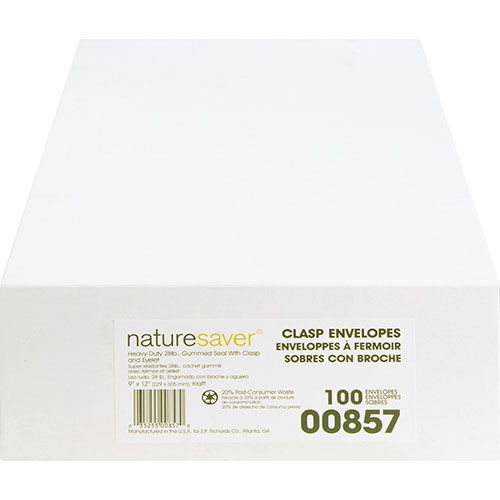 Nature Saver Clasp Envelope, 28Lb, 9"x12", 100/BX, Natural Kraft