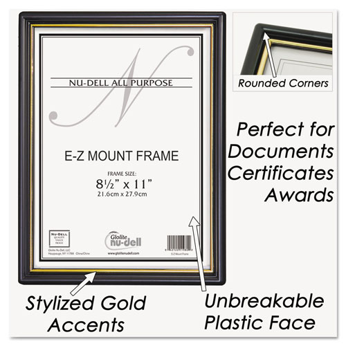 Nudell Plastics EZ Mount Document Frame with Trim Accent, Plastic Face , 8.5 x 11, Black/Gold