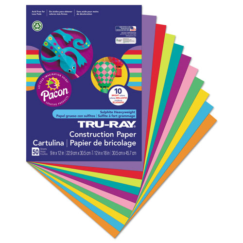 Pacon Tru-Ray Construction Paper, 76 lbs., 9 x 12, Assorted, 50 Sheets/Pack