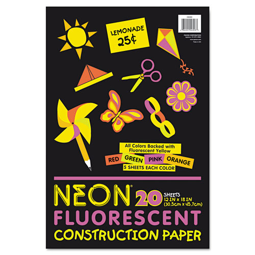 Pacon Neon Construction Paper, 76 lbs., 12 x 18, Assorted, 20 Sheets/Pack