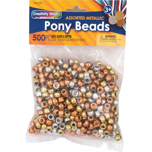 Pacon Pony Beads, 1/4"X2/5" , 500/Pk, Metallic