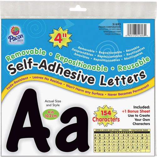 Pacon Self-Adhesive Letters, Repositionable, 4", 154/PK, Black
