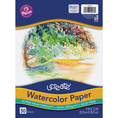 Pacon Watercolor Paper, Super Hvywght, 140 lb, 50 Shts, 9"x12" , WE