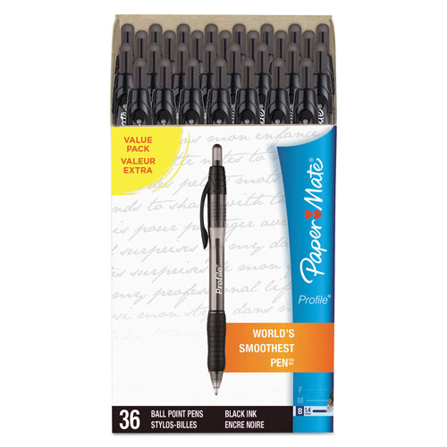 Papermate® Profile Retractable Ballpoint Pen Value Pack, 1.4mm, Black Ink, Smoke Barrel, 36/Box