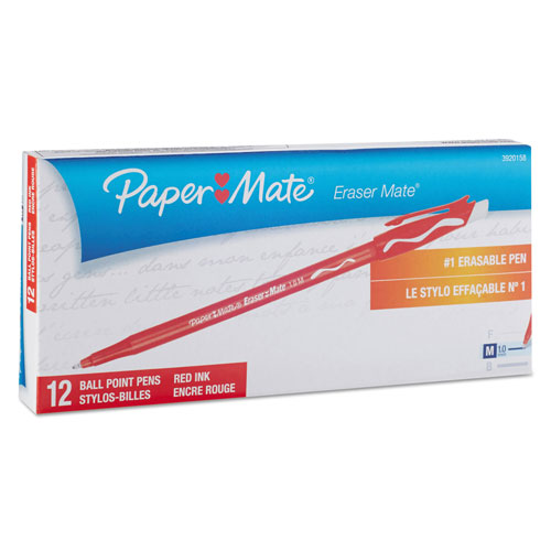 Papermate® Eraser Mate Stick Ballpoint Pen, Medium 1mm, Red Ink/Barrel, Dozen