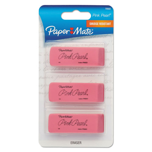 Papermate® Pink Pearl Eraser, Rectangular, Medium, Elastomer, 3/Pack