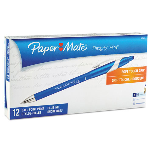 Papermate® FlexGrip Elite Retractable Ballpoint Pen, Fine 0.8mm, Blue Ink/Barrel, Dozen