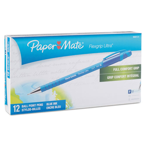 Papermate® FlexGrip Ultra Stick Ballpoint Pen, Fine 0.8mm, Blue Ink/Barrel, Dozen